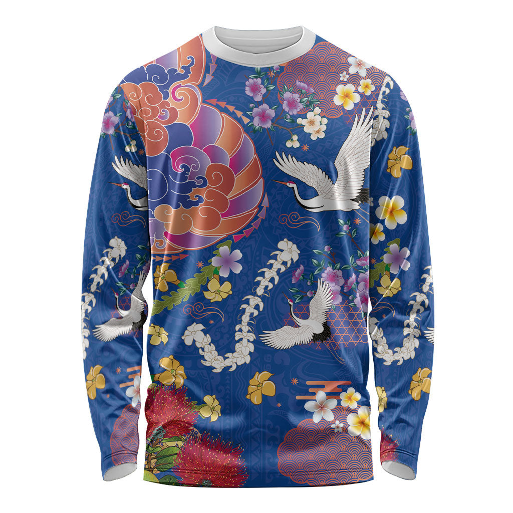 Hawaiian and Japanese Culture Together Long Sleeve Shirt Kakau Tribal Pattern and Irezumi Art Blue Color