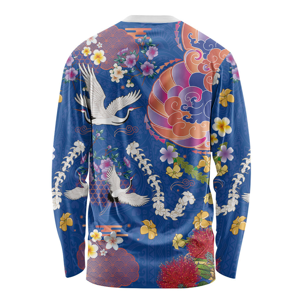 Hawaiian and Japanese Culture Together Long Sleeve Shirt Kakau Tribal Pattern and Irezumi Art Blue Color