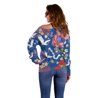 Hawaiian and Japanese Culture Together Off Shoulder Sweater Kakau Tribal Pattern and Irezumi Art Blue Color