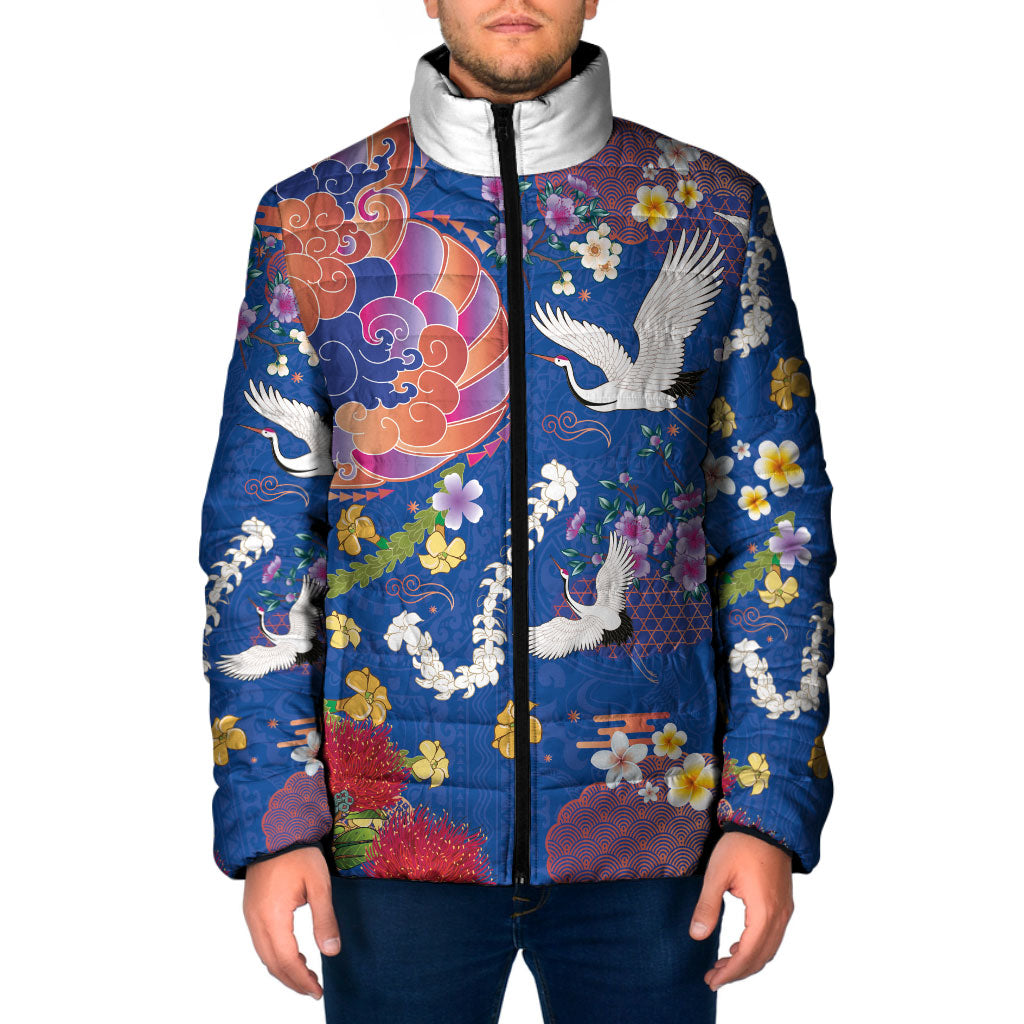 Hawaiian and Japanese Culture Together Padded Jacket Kakau Tribal Pattern and Irezumi Art Blue Color LT03 Men Blue - Polynesian Pride