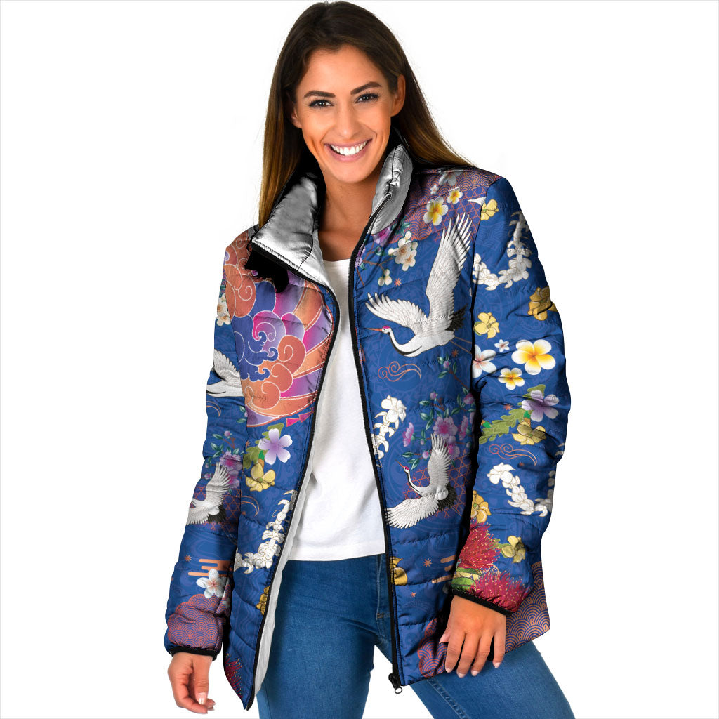 Hawaiian and Japanese Culture Together Padded Jacket Kakau Tribal Pattern and Irezumi Art Blue Color