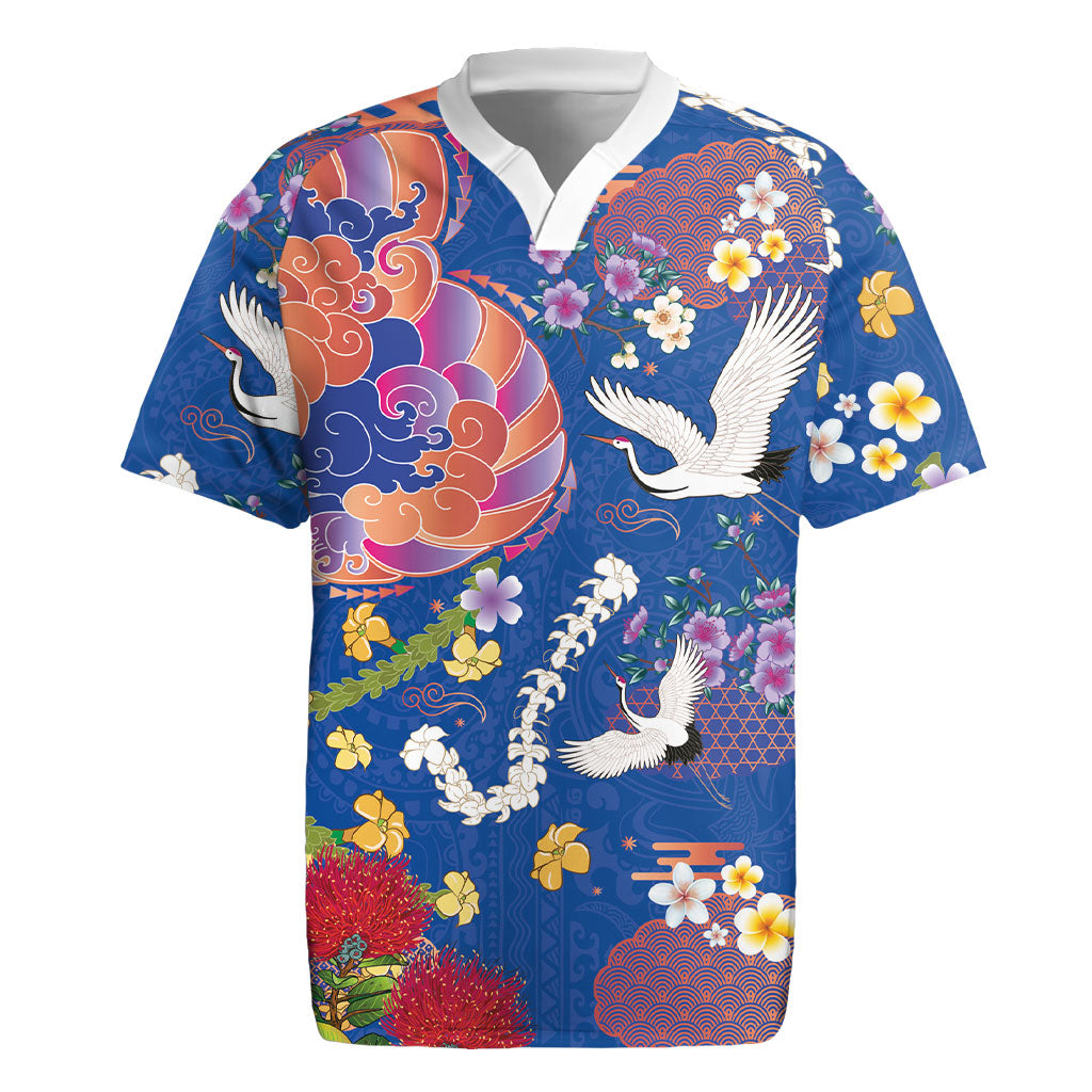 Hawaiian and Japanese Culture Together Rugby Jersey Kakau Tribal Pattern and Irezumi Art Blue Color