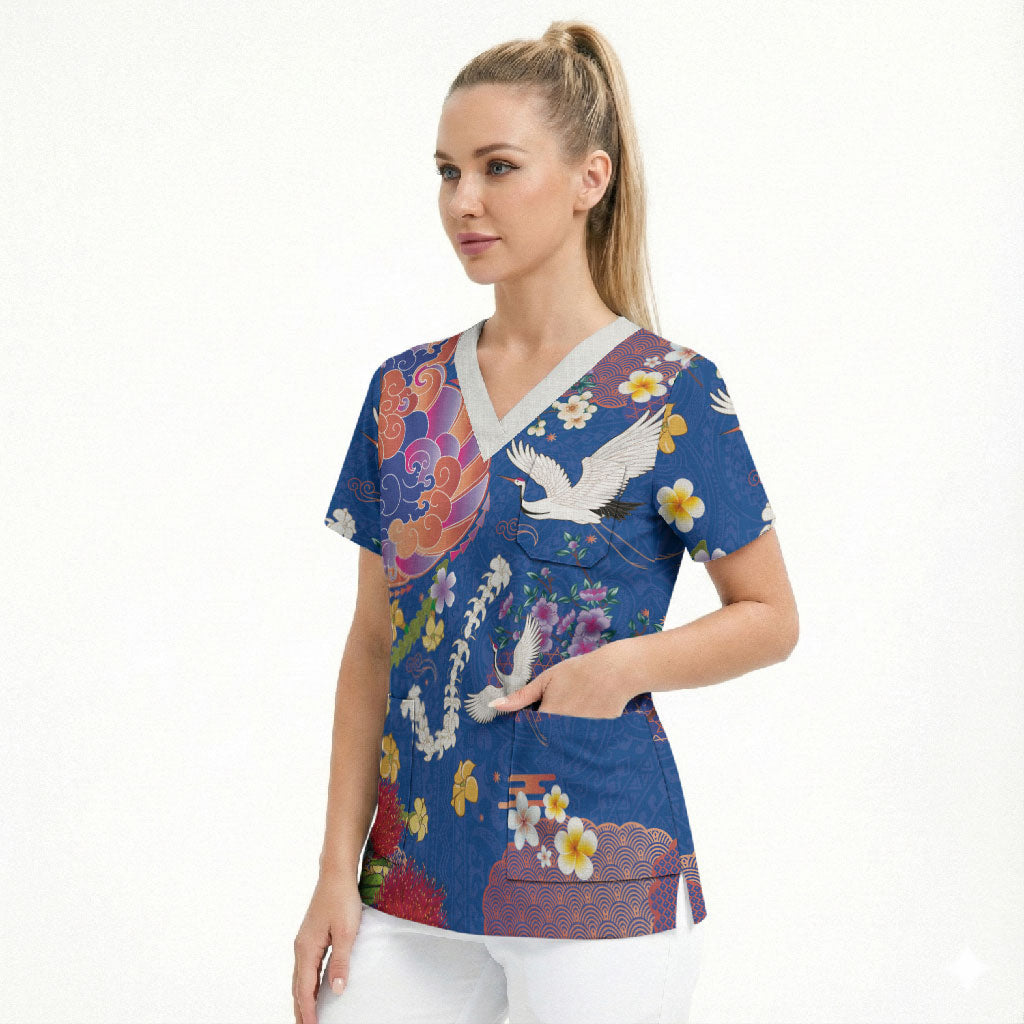 Hawaiian and Japanese Culture Together Scrub Top Kakau Tribal Pattern and Irezumi Art Blue Color