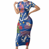 Hawaiian and Japanese Culture Together Short Sleeve Bodycon Dress Kakau Tribal Pattern and Irezumi Art Blue Color LT03 Long Dress Blue - Polynesian Pride