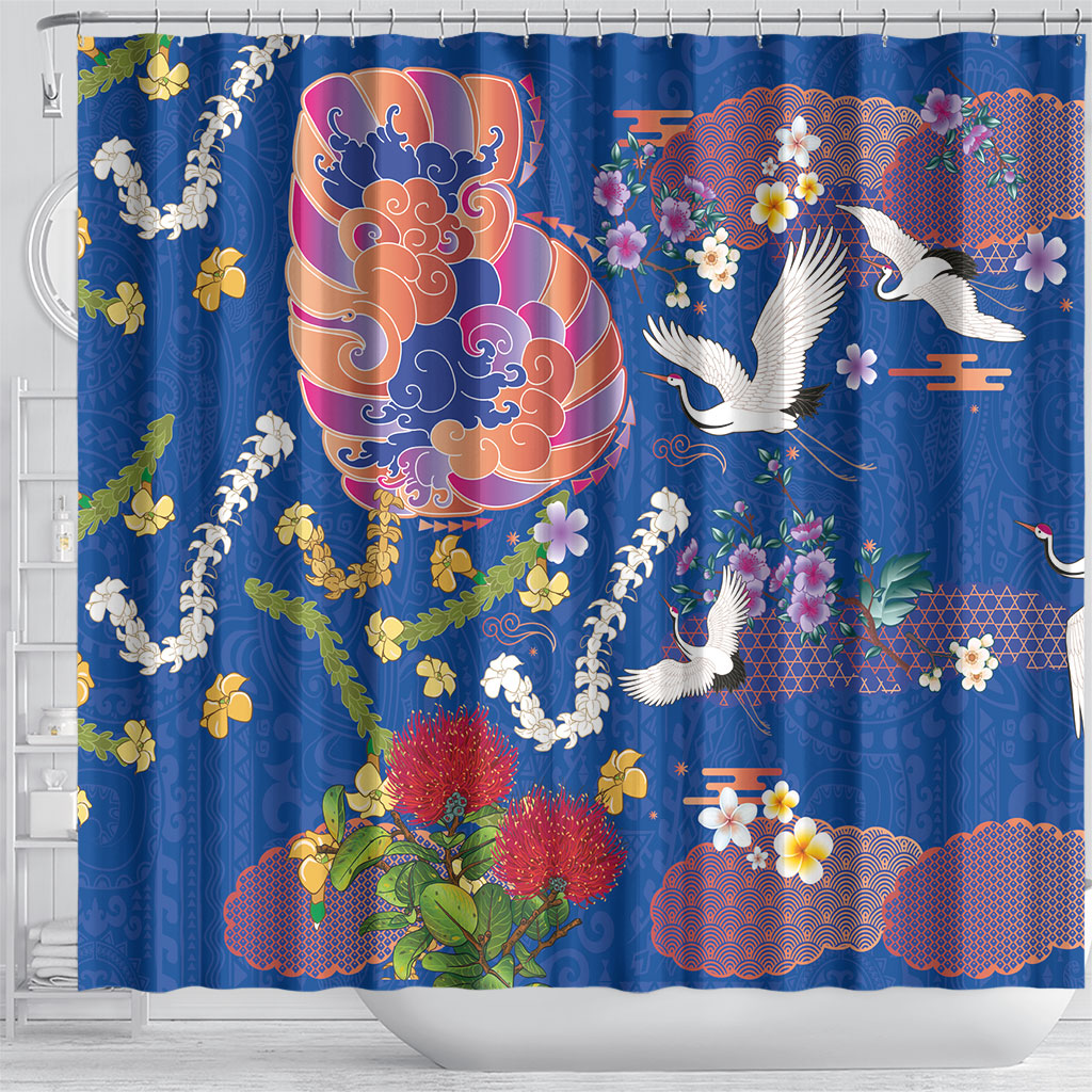 Hawaiian and Japanese Culture Together Shower Curtain Kakau Tribal Pattern and Irezumi Art Blue Color LT03 - Polynesian Pride