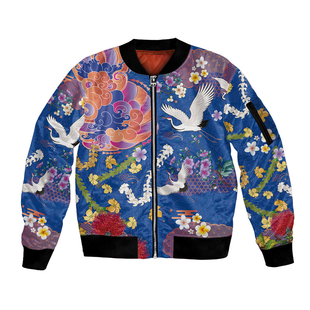 Hawaiian and Japanese Culture Together Sleeve Zip Bomber Jacket Kakau Tribal Pattern and Irezumi Art Blue Color