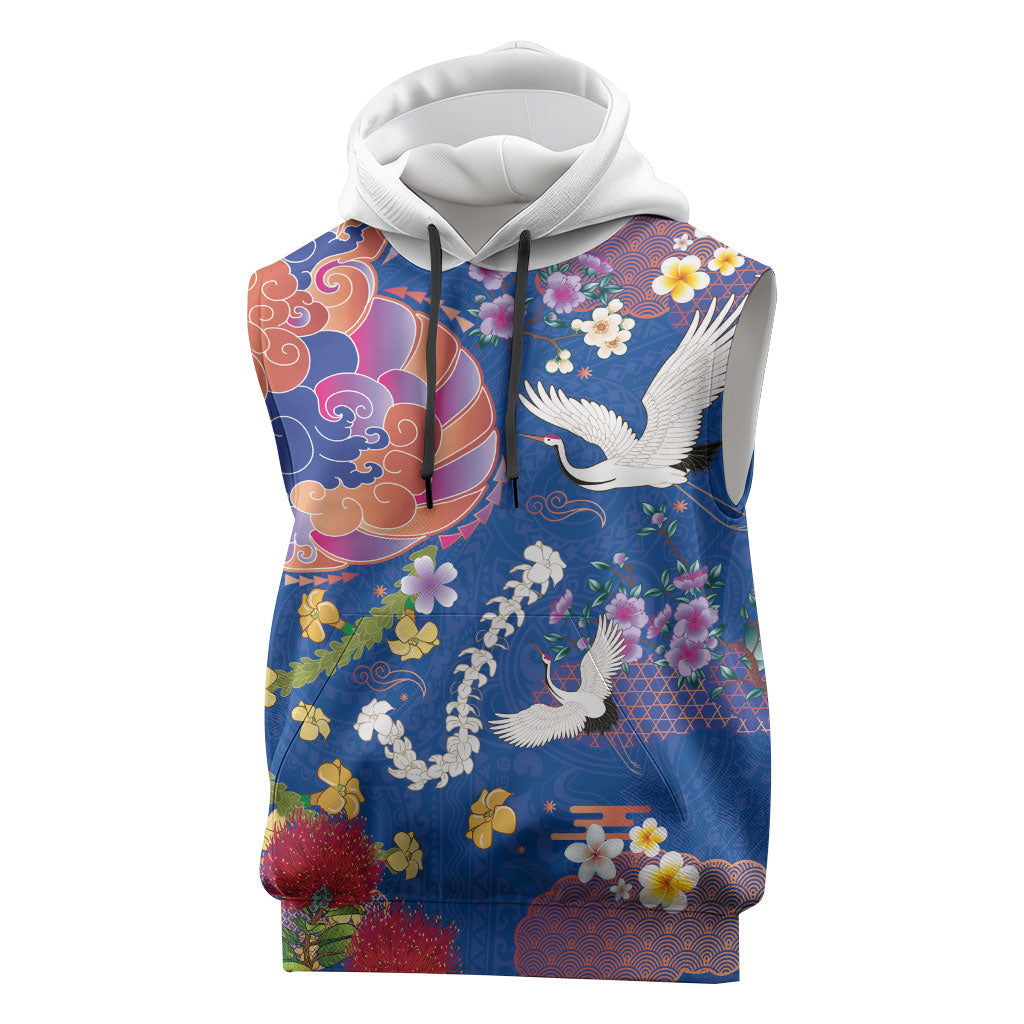 Hawaiian and Japanese Culture Together Sleeveless Hoodie Kakau Tribal Pattern and Irezumi Art Blue Color
