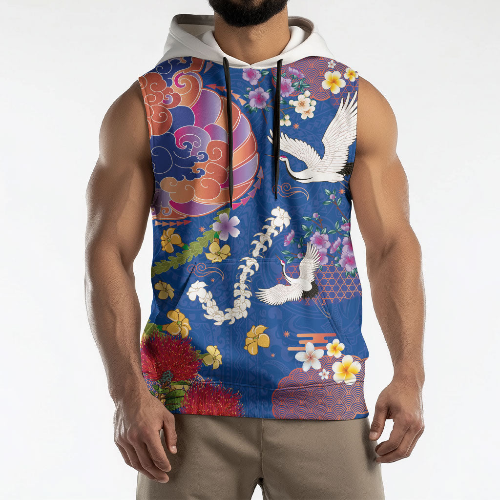Hawaiian and Japanese Culture Together Sleeveless Hoodie Kakau Tribal Pattern and Irezumi Art Blue Color