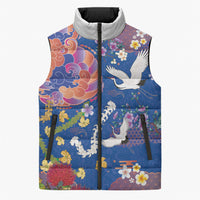Hawaiian and Japanese Culture Together Sleeveless Puffer Jacket Kakau Tribal Pattern and Irezumi Art Blue Color