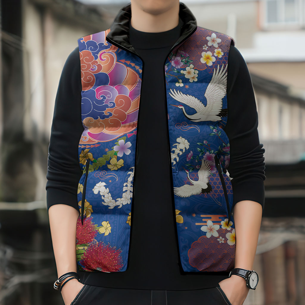 Hawaiian and Japanese Culture Together Sleeveless Puffer Jacket Kakau Tribal Pattern and Irezumi Art Blue Color