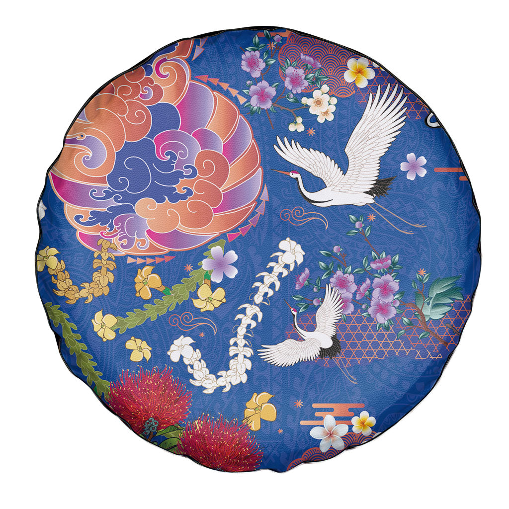 Hawaiian and Japanese Culture Together Spare Tire Cover Kakau Tribal Pattern and Irezumi Art Blue Color LT03 - Polynesian Pride