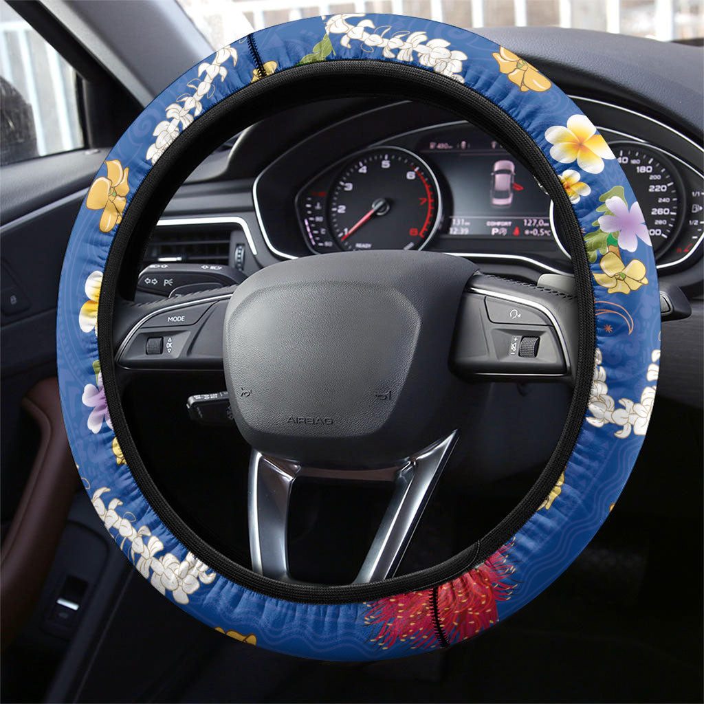 Hawaiian and Japanese Culture Together Steering Wheel Cover Kakau Tribal Pattern and Irezumi Art Blue Color LT03 - Polynesian Pride