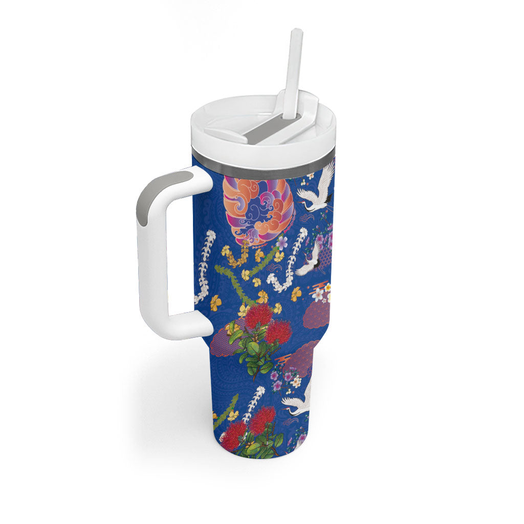Hawaiian and Japanese Culture Together Tumbler With Handle Kakau Tribal Pattern and Irezumi Art Blue Color LT03 - Polynesian Pride