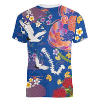 Hawaiian and Japanese Culture Together Women V-Neck T-Shirt Kakau Tribal Pattern and Irezumi Art Blue Color