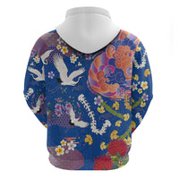 Hawaiian and Japanese Culture Together Zip Hoodie Kakau Tribal Pattern and Irezumi Art Blue Color