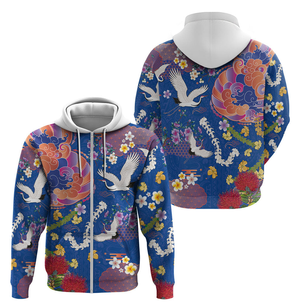 Hawaiian and Japanese Culture Together Zip Hoodie Kakau Tribal Pattern and Irezumi Art Blue Color