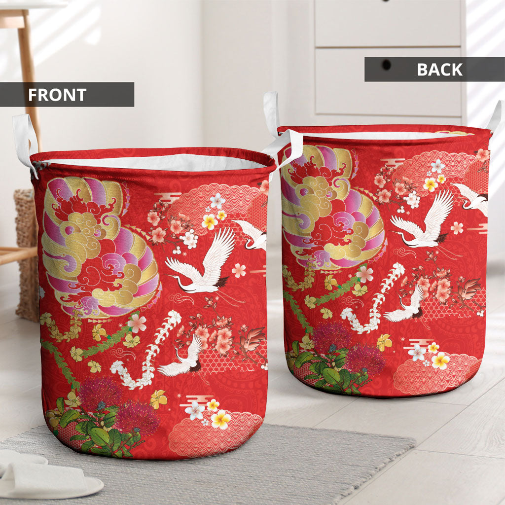 Hawaiian and Japanese Culture Together Laundry Basket Kakau Tribal Pattern and Irezumi Art Red Color LT03 - Polynesian Pride