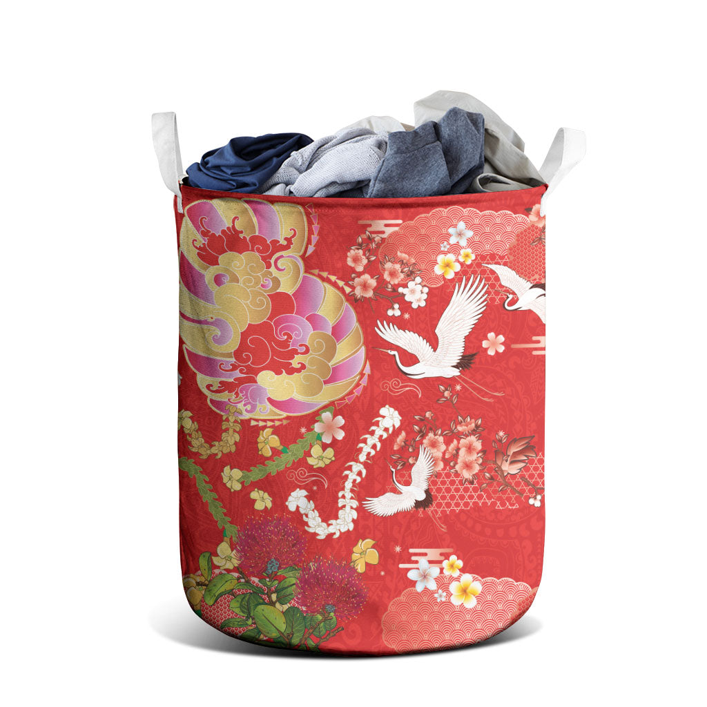 Hawaiian and Japanese Culture Together Laundry Basket Kakau Tribal Pattern and Irezumi Art Red Color LT03 - Polynesian Pride