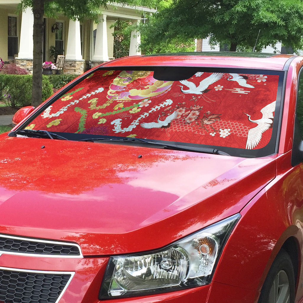 Hawaiian and Japanese Culture Together Auto Sun Shade Kakau Tribal Pattern and Irezumi Art Red Color LT03 - Polynesian Pride