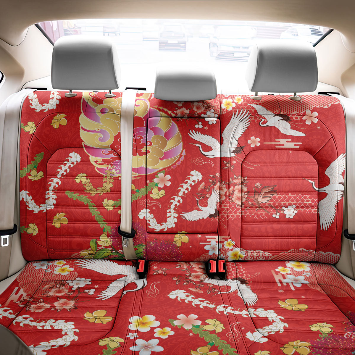 Hawaiian and Japanese Culture Together Back Car Seat Cover Kakau Tribal Pattern and Irezumi Art Red Color
