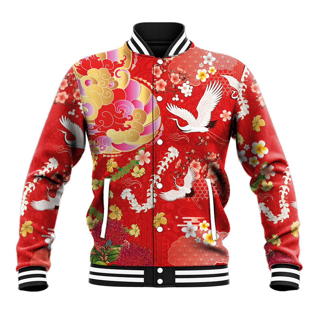 Hawaiian and Japanese Culture Together Baseball Jacket Kakau Tribal Pattern and Irezumi Art Red Color LT03 Unisex Red - Polynesian Pride
