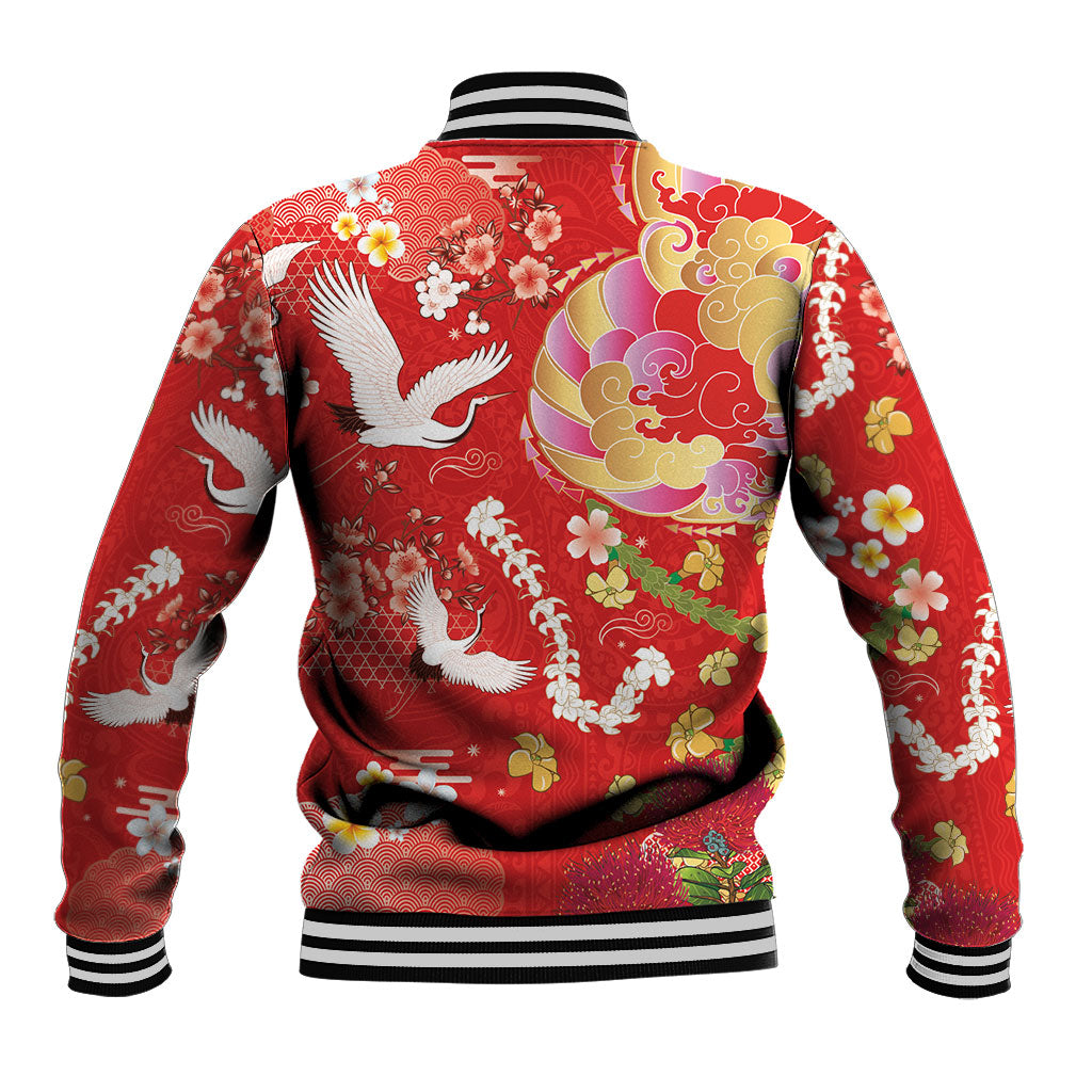 Hawaiian and Japanese Culture Together Baseball Jacket Kakau Tribal Pattern and Irezumi Art Red Color