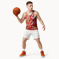 Hawaiian and Japanese Culture Together Basketball Jersey Kakau Tribal Pattern and Irezumi Art Red Color