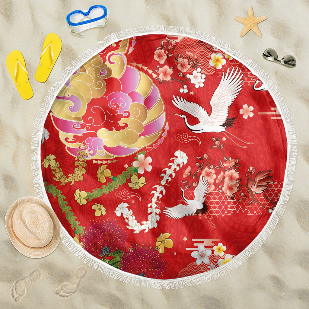 Hawaiian and Japanese Culture Together Beach Blanket Kakau Tribal Pattern and Irezumi Art Red Color LT03 One Size 150cm Red - Polynesian Pride