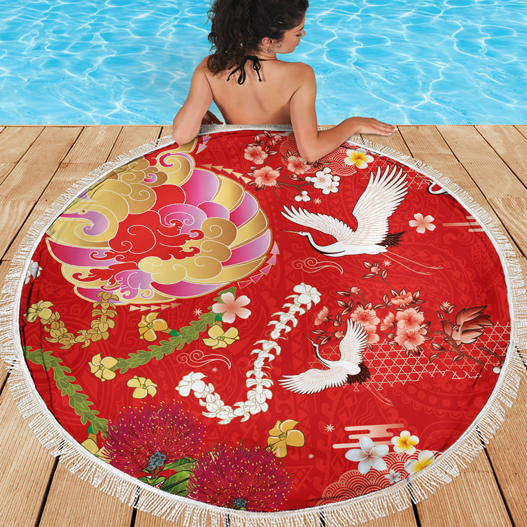 Hawaiian and Japanese Culture Together Beach Blanket Kakau Tribal Pattern and Irezumi Art Red Color LT03 - Polynesian Pride
