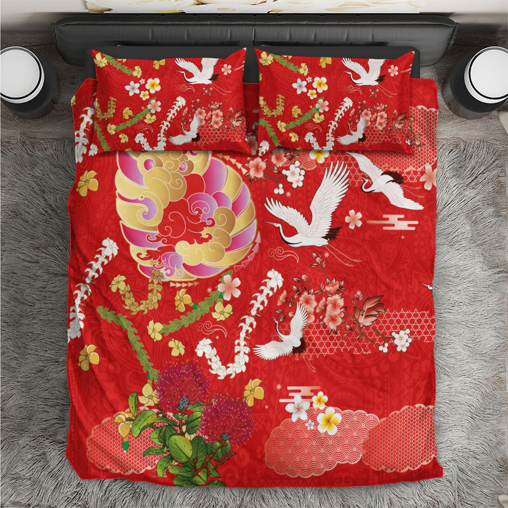 Hawaiian and Japanese Culture Together Bedding Set Kakau Tribal Pattern and Irezumi Art Red Color LT03 Red - Polynesian Pride