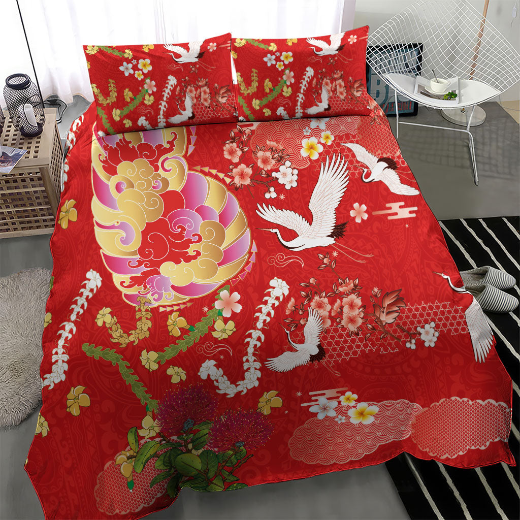 Hawaiian and Japanese Culture Together Bedding Set Kakau Tribal Pattern and Irezumi Art Red Color LT03 - Polynesian Pride