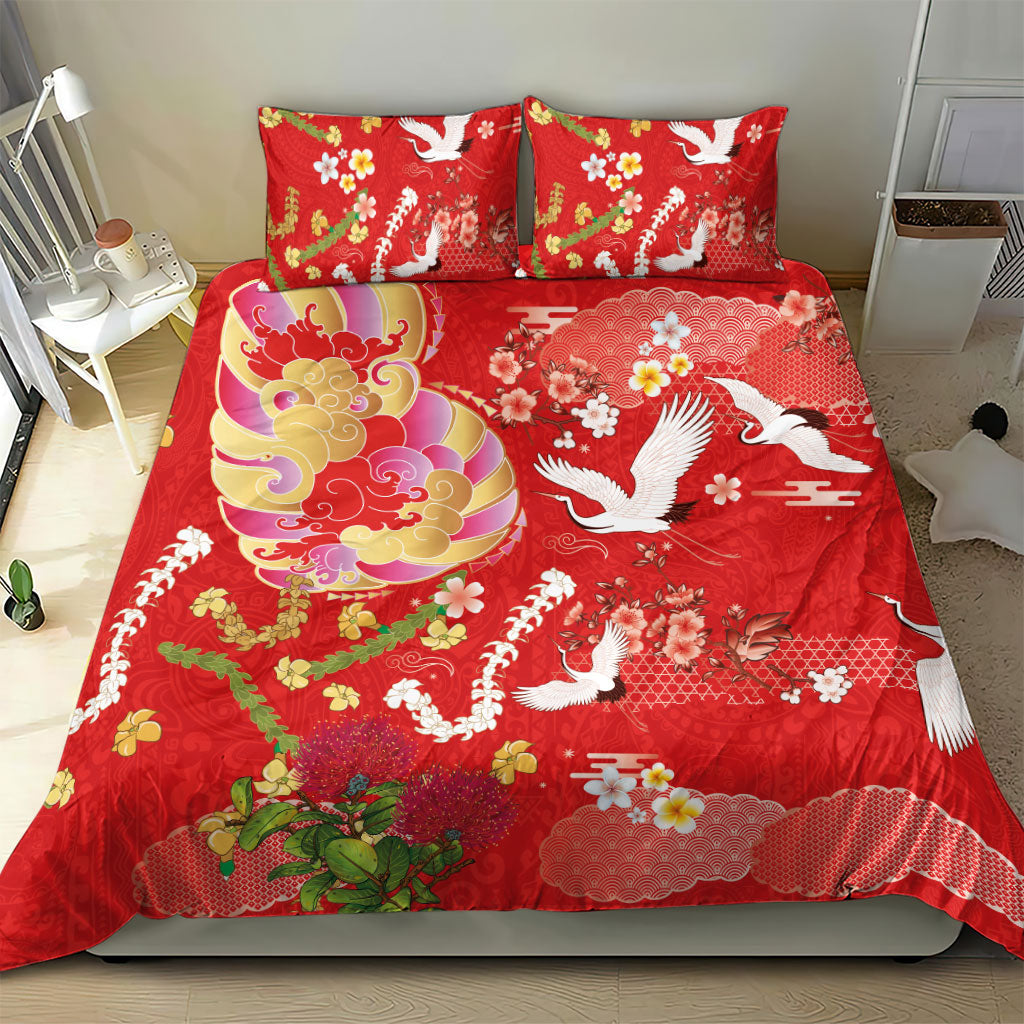 Hawaiian and Japanese Culture Together Bedding Set Kakau Tribal Pattern and Irezumi Art Red Color LT03 - Polynesian Pride