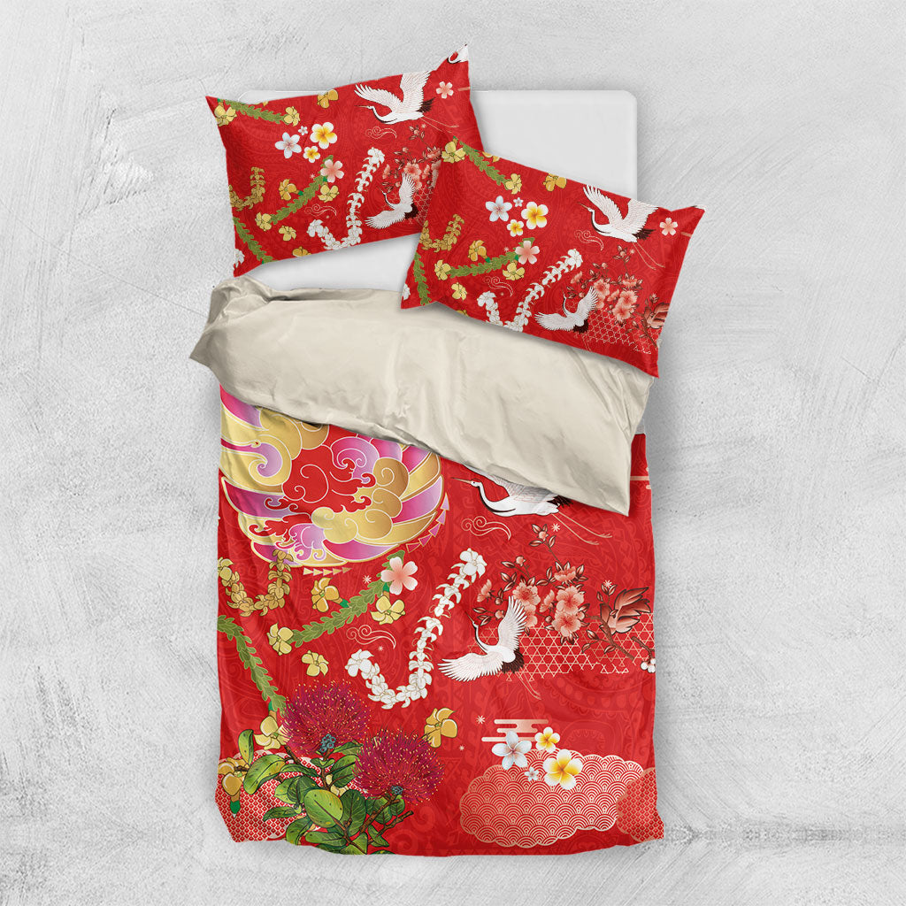 Hawaiian and Japanese Culture Together Bedding Set Kakau Tribal Pattern and Irezumi Art Red Color LT03 US Twin 172cm x 218cm Red - Polynesian Pride