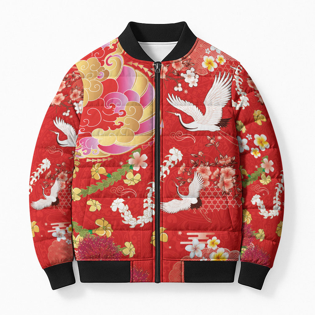 Hawaiian and Japanese Culture Together Bomber Puffer Jacket Kakau Tribal Pattern and Irezumi Art Red Color