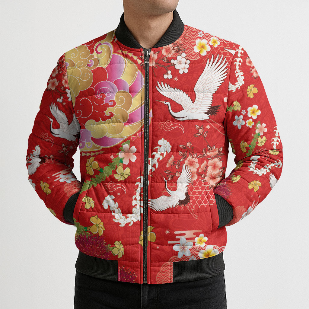 Hawaiian and Japanese Culture Together Bomber Puffer Jacket Kakau Tribal Pattern and Irezumi Art Red Color