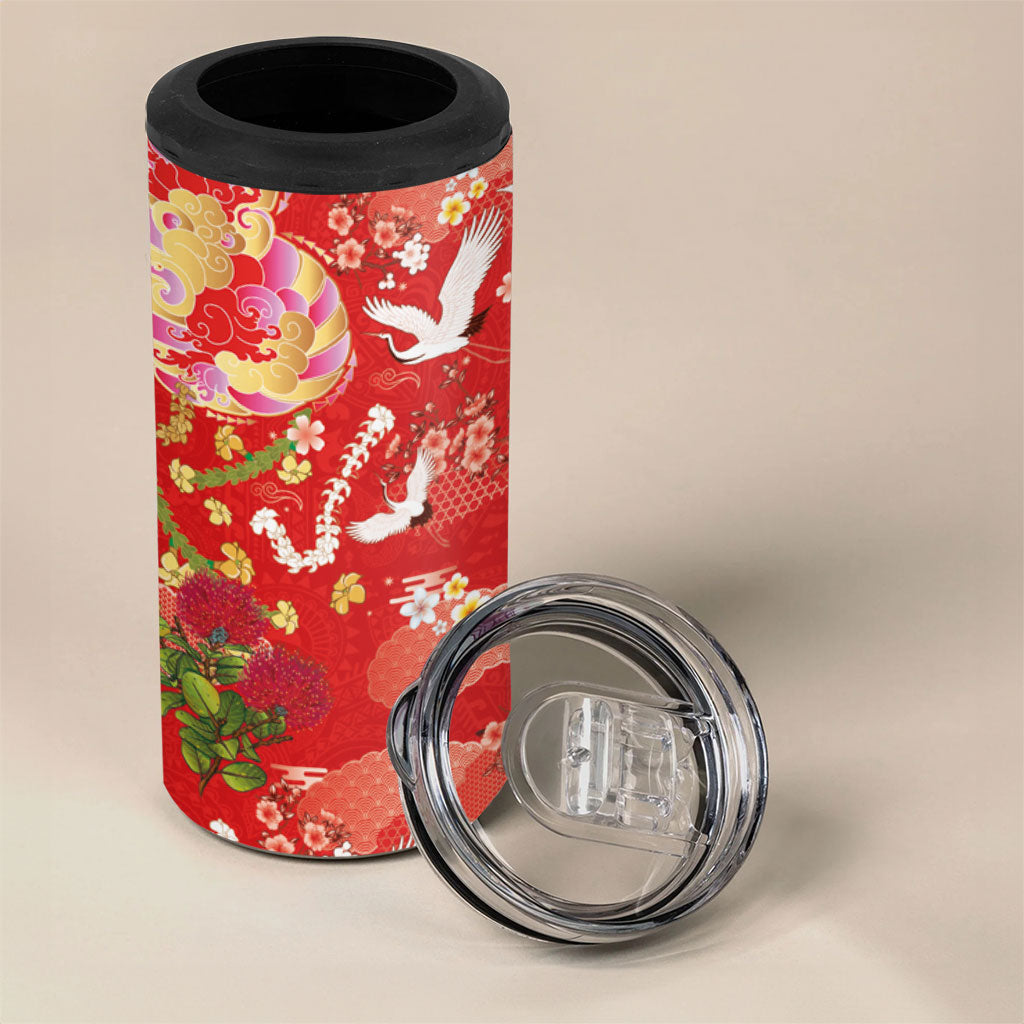 Hawaiian and Japanese Culture Together 4 in 1 Can Cooler Tumbler Kakau Tribal Pattern and Irezumi Art Red Color LT03 - Polynesian Pride