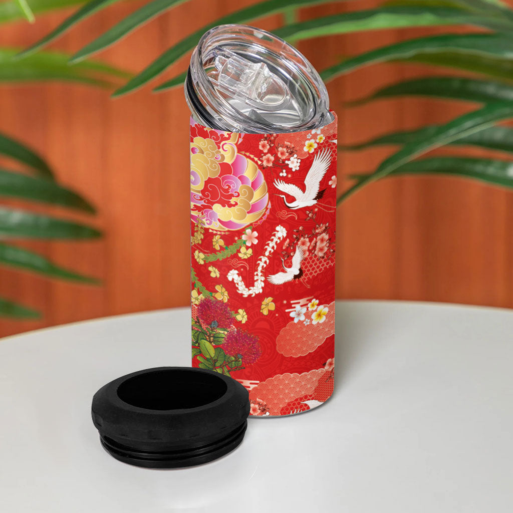 Hawaiian and Japanese Culture Together 4 in 1 Can Cooler Tumbler Kakau Tribal Pattern and Irezumi Art Red Color LT03 - Polynesian Pride