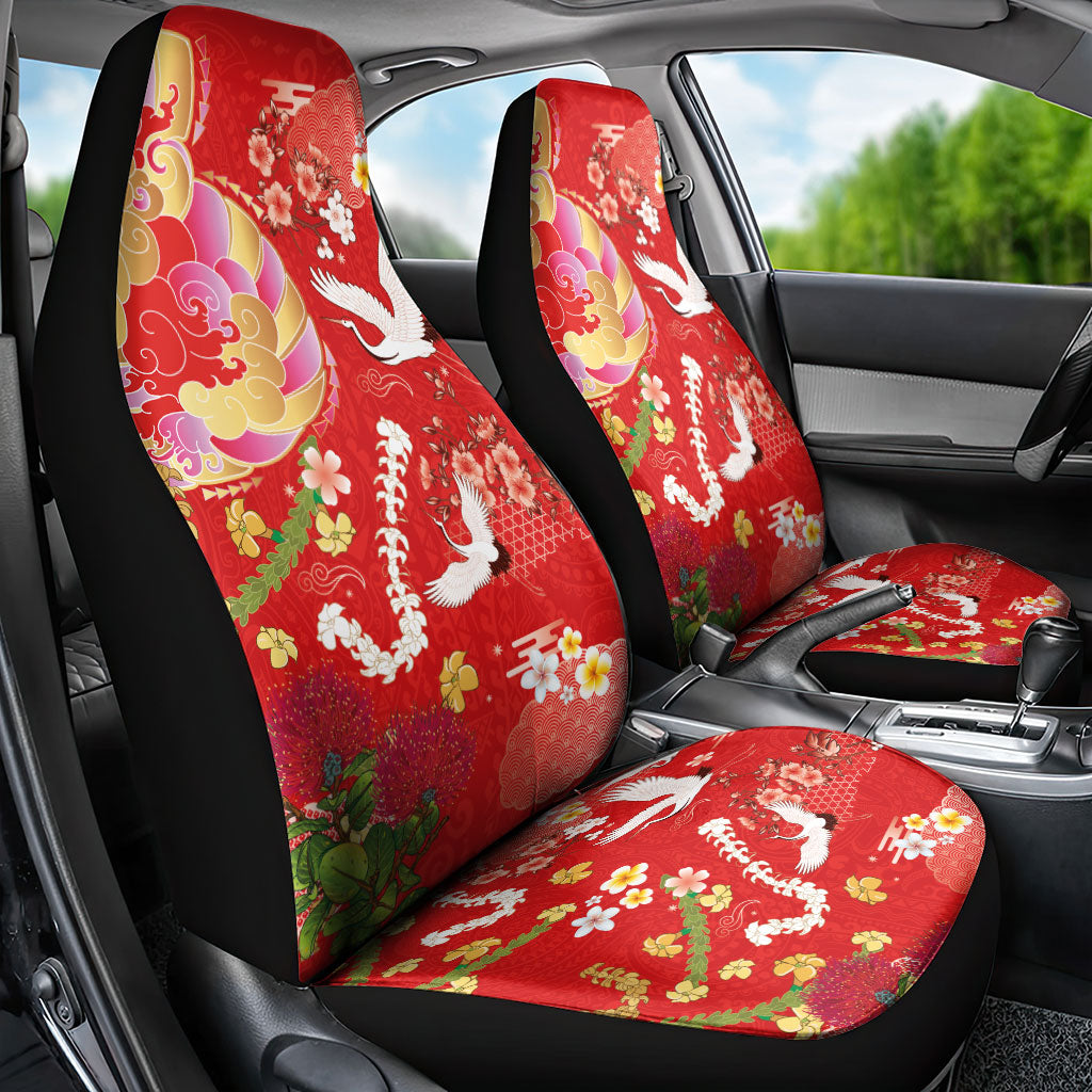 Hawaiian and Japanese Culture Together Car Seat Cover Kakau Tribal Pattern and Irezumi Art Red Color LT03 - Polynesian Pride