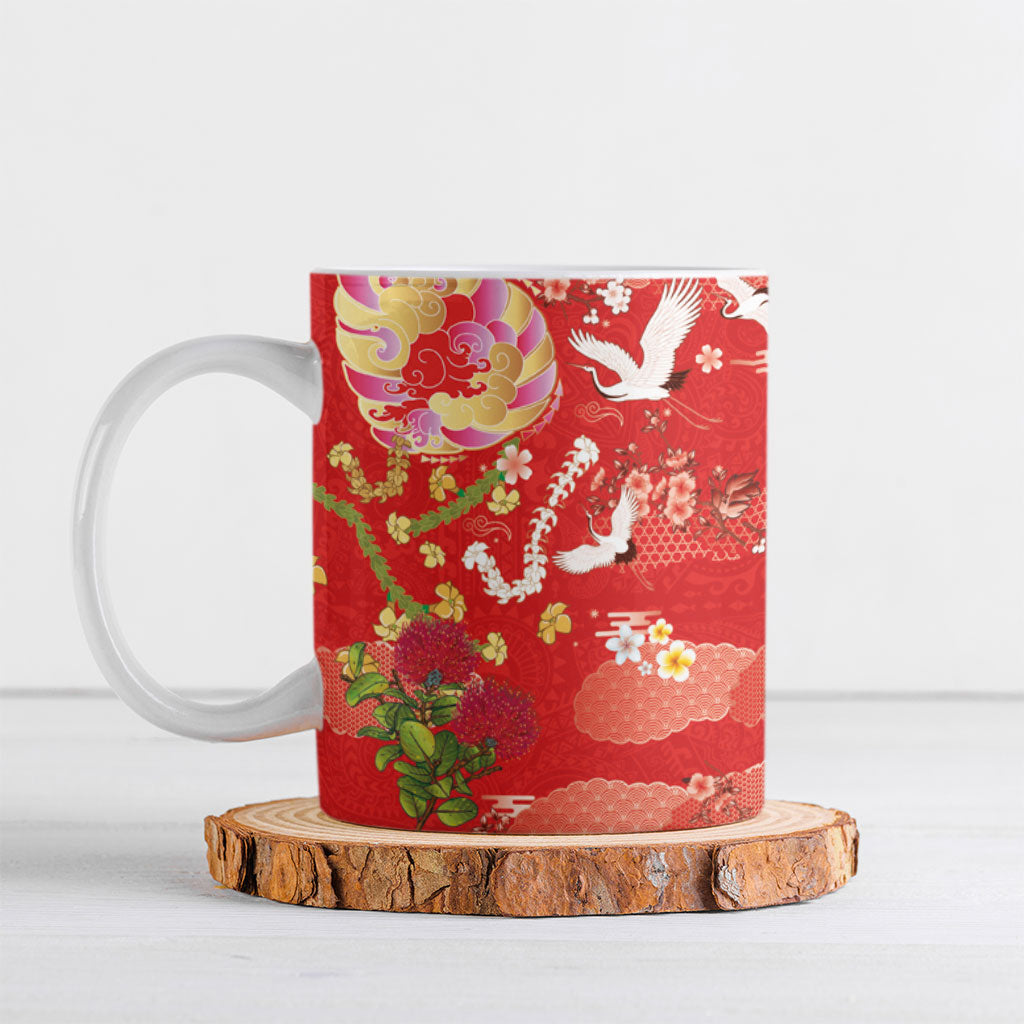 Hawaiian and Japanese Culture Together Ceramic Mug Kakau Tribal Pattern and Irezumi Art Red Color LT03 Red - Polynesian Pride
