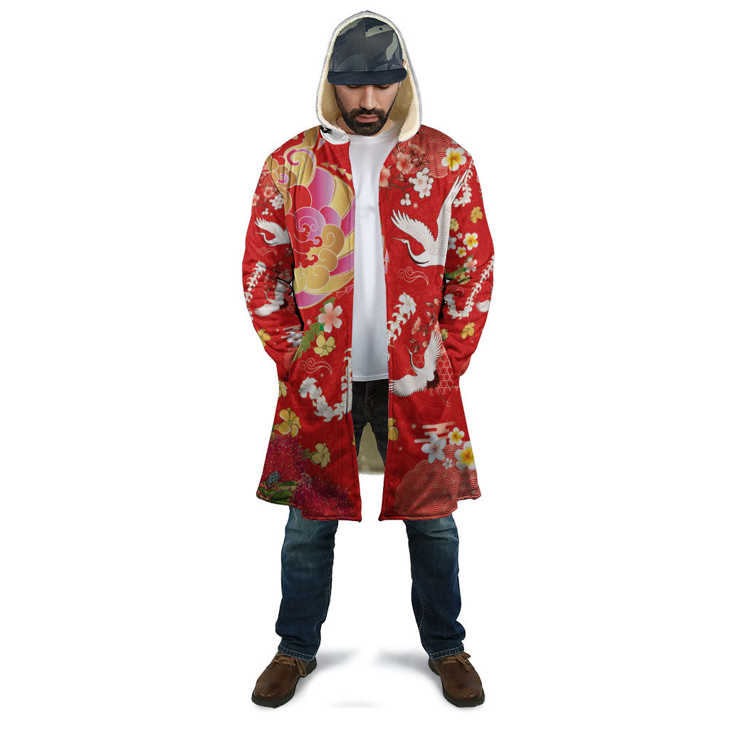 Hawaiian and Japanese Culture Together Cloak Kakau Tribal Pattern and Irezumi Art Red Color