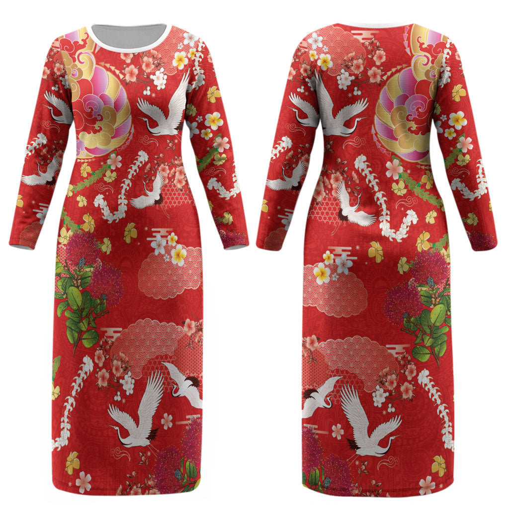 Hawaiian and Japanese Culture Together Couples Matching Long Sleeve Bodycon Dress and Hawaiian Shirt Kakau Tribal Pattern and Irezumi Art Red Color LT03 - Polynesian Pride