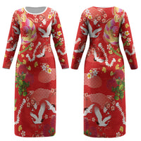 Hawaiian and Japanese Culture Together Couples Matching Long Sleeve Bodycon Dress and Hawaiian Shirt Kakau Tribal Pattern and Irezumi Art Red Color LT03 - Polynesian Pride