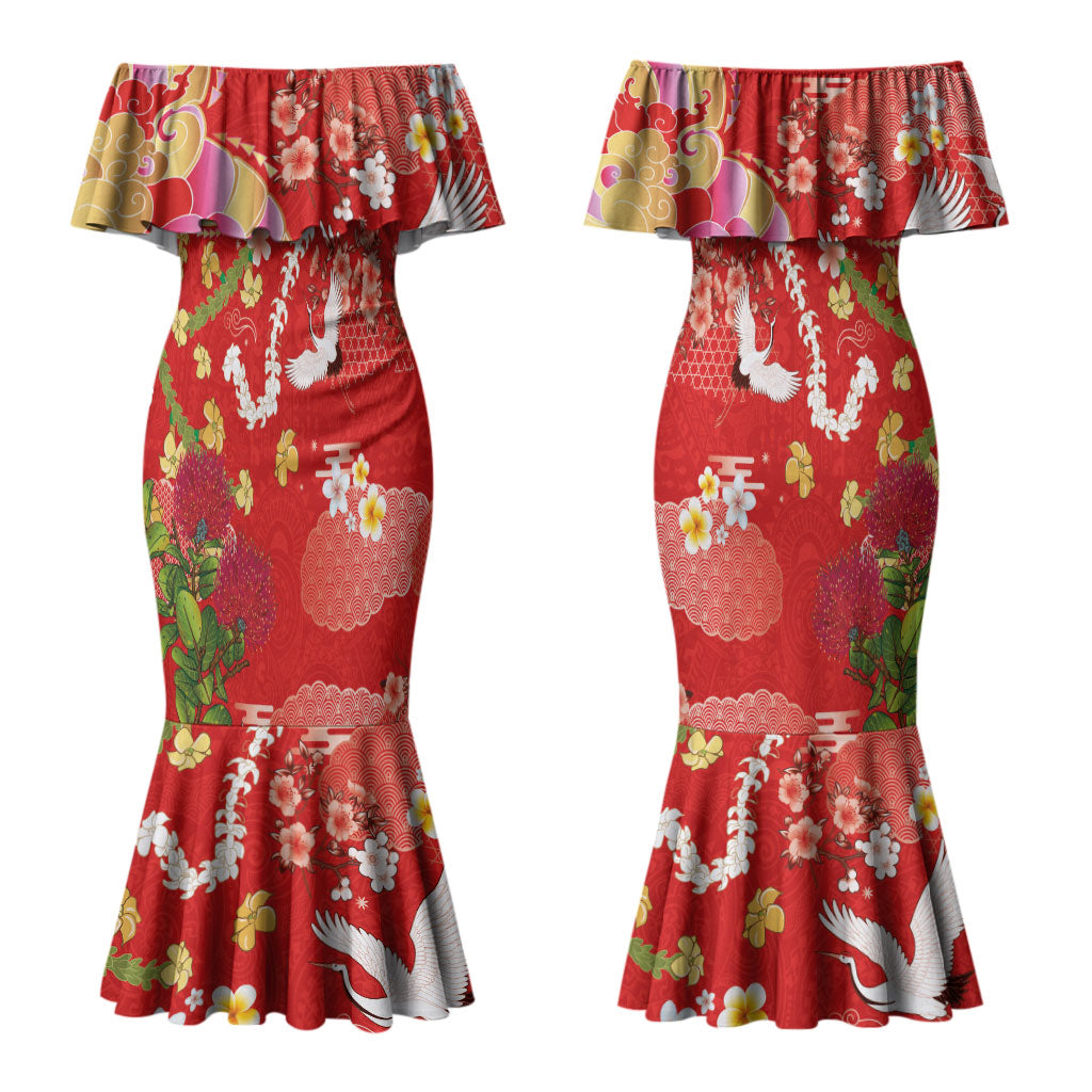 Hawaiian and Japanese Culture Together Couples Matching Mermaid Dress and Hawaiian Shirt Kakau Tribal Pattern and Irezumi Art Red Color LT03 - Polynesian Pride