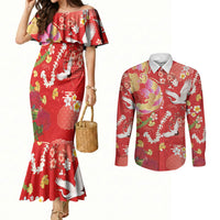 Hawaiian and Japanese Culture Together Couples Matching Mermaid Dress and Long Sleeve Button Shirt Kakau Tribal Pattern and Irezumi Art Red Color LT03 Red - Polynesian Pride