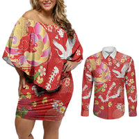 Hawaiian and Japanese Culture Together Couples Matching Off Shoulder Short Dress and Long Sleeve Button Shirt Kakau Tribal Pattern and Irezumi Art Red Color LT03 Red - Polynesian Pride