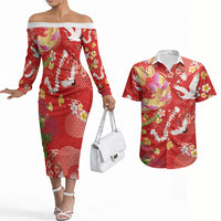 Hawaiian and Japanese Culture Together Couples Matching Off The Shoulder Long Sleeve Dress and Hawaiian Shirt Kakau Tribal Pattern and Irezumi Art Red Color LT03 Red - Polynesian Pride