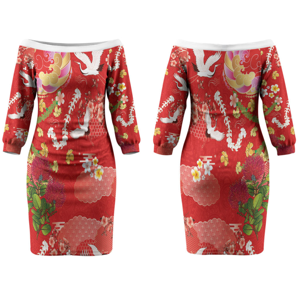 Hawaiian and Japanese Culture Together Couples Matching Off The Shoulder Long Sleeve Dress and Hawaiian Shirt Kakau Tribal Pattern and Irezumi Art Red Color LT03 - Polynesian Pride