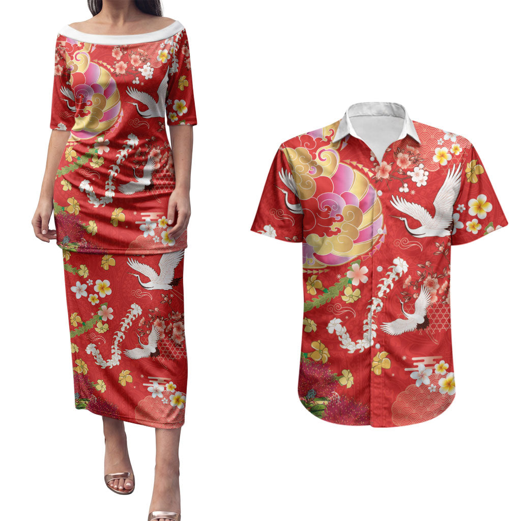Hawaiian and Japanese Culture Together Couples Matching Puletasi and Hawaiian Shirt Kakau Tribal Pattern and Irezumi Art Red Color LT03 Red - Polynesian Pride