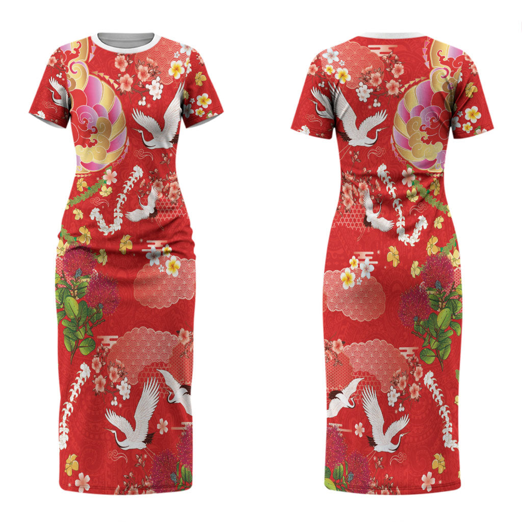 Hawaiian and Japanese Culture Together Couples Matching Short Sleeve Bodycon Dress and Hawaiian Shirt Kakau Tribal Pattern and Irezumi Art Red Color LT03 - Polynesian Pride