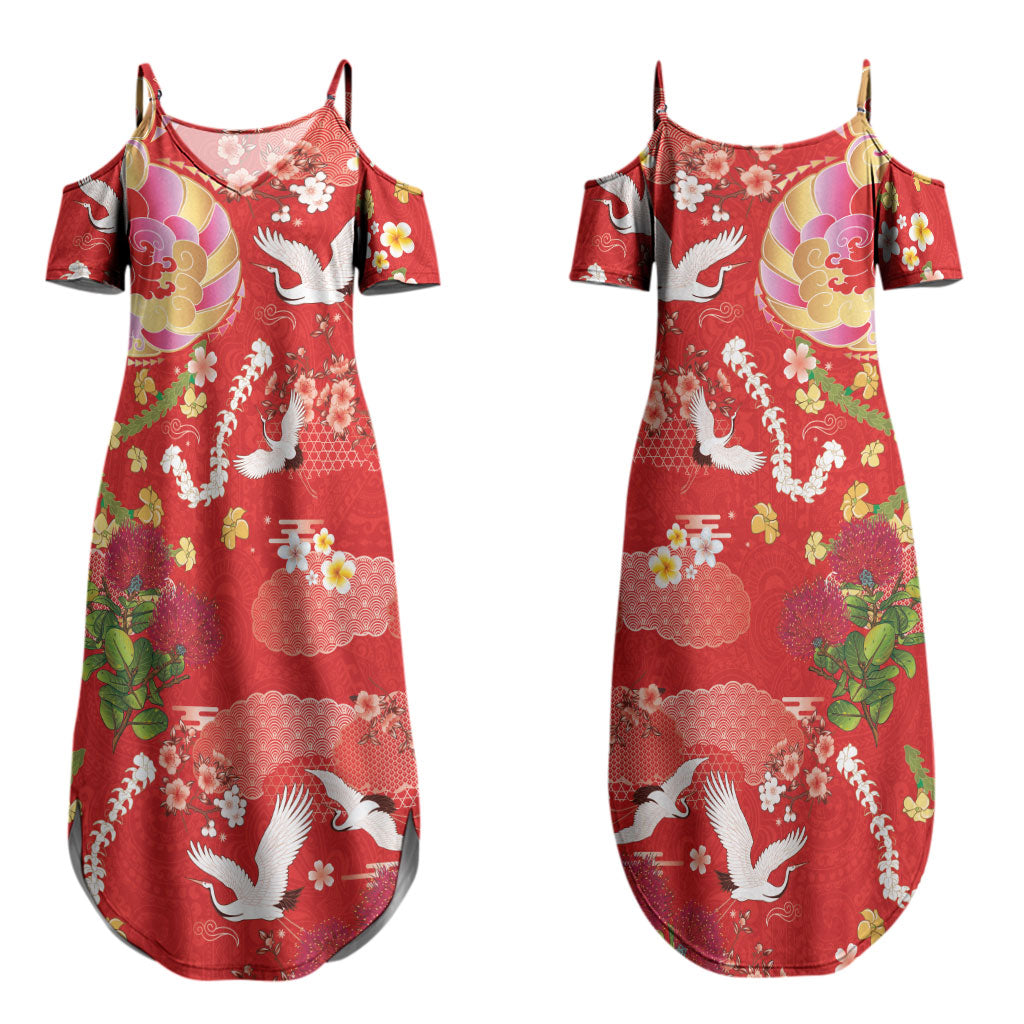 Hawaiian and Japanese Culture Together Couples Matching Summer Maxi Dress and Long Sleeve Button Shirt Kakau Tribal Pattern and Irezumi Art Red Color LT03 - Polynesian Pride